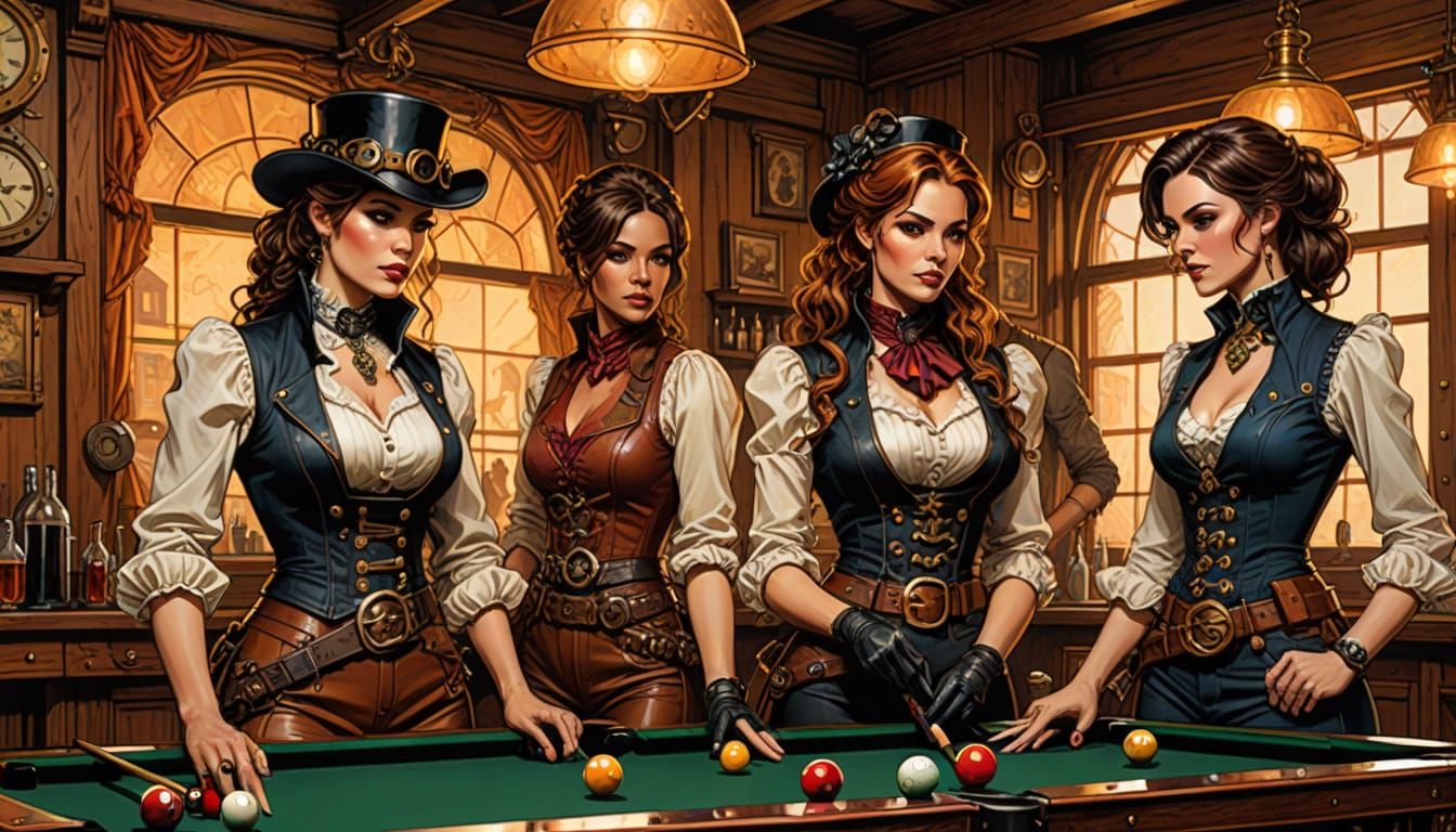 Steampunk Gunfighters Play Billiards in Old West Saloon
