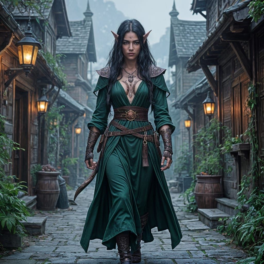 Wood Elf Warlock at Rustic Tavern, Fantasy Art