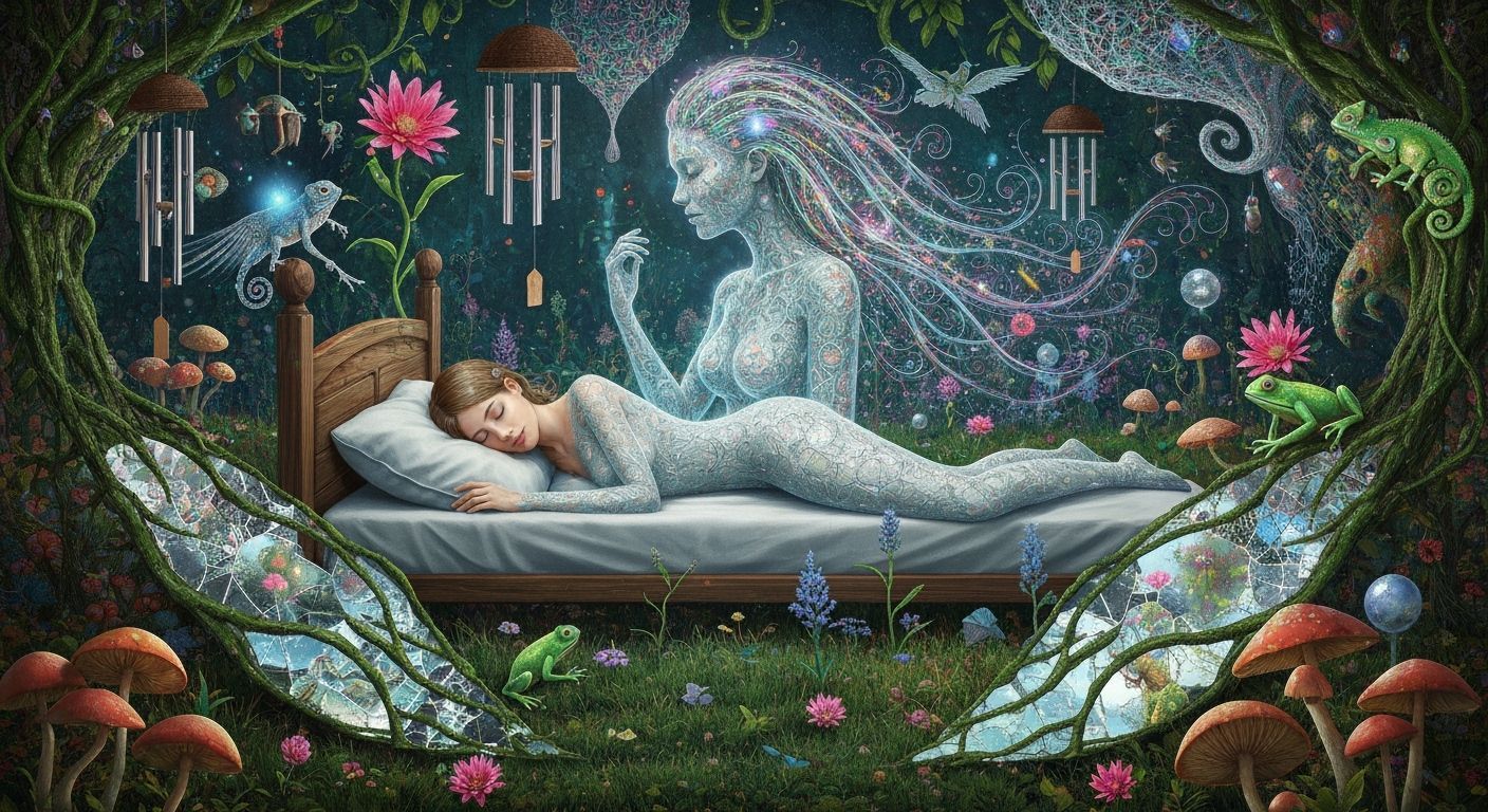 Serene Woman Asleep with Ethereal Aura and Kaleidoscopic Ene...