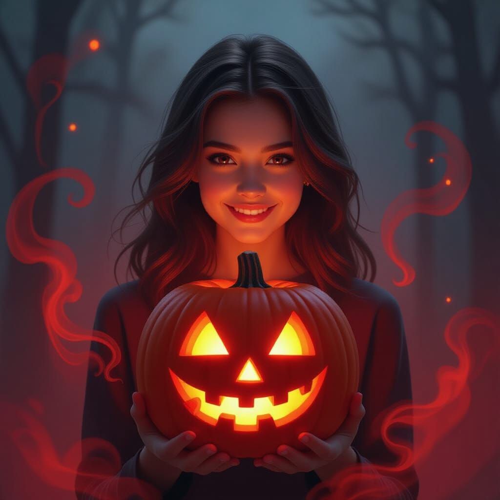 Girl With Glowing Halloween Pumpkin in Ethereal Mist