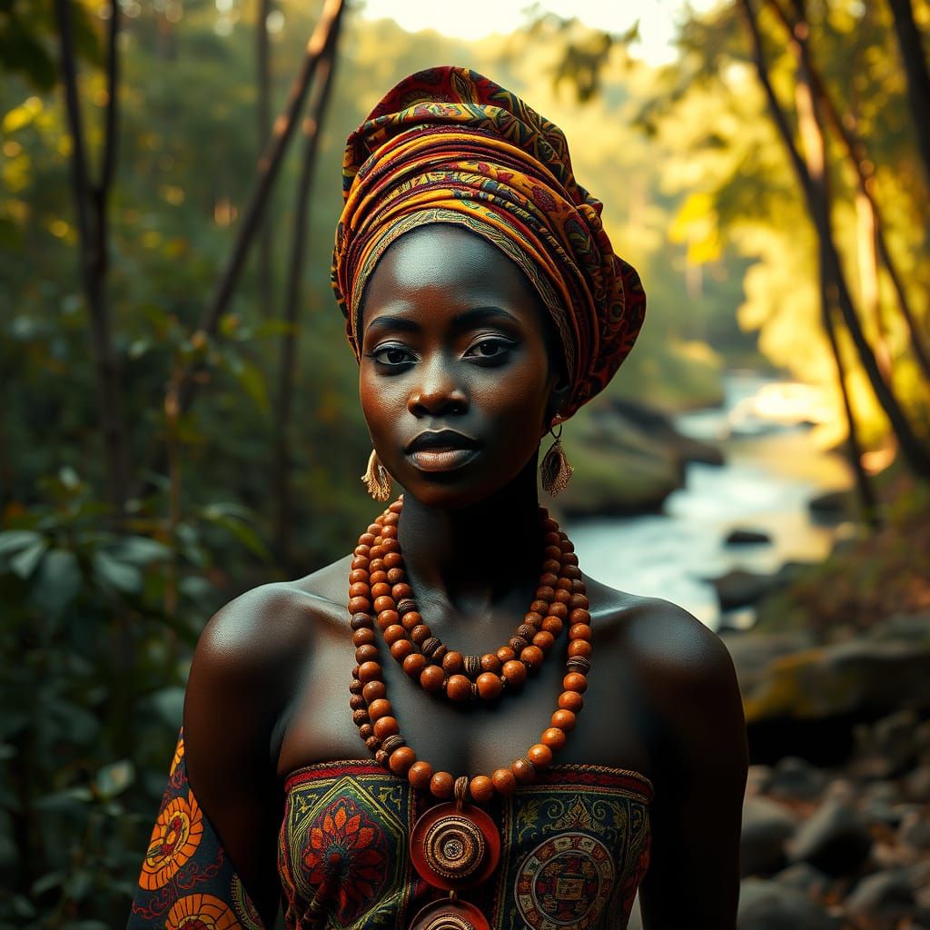 African Goddess in Lush Forest Landscape
