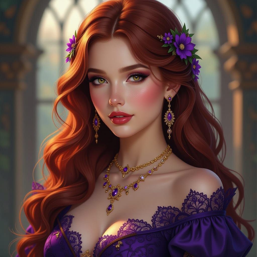 The image features a woman with long, wavy red hair adorned with small dark flowers and jewels. She wears intricate purp...
