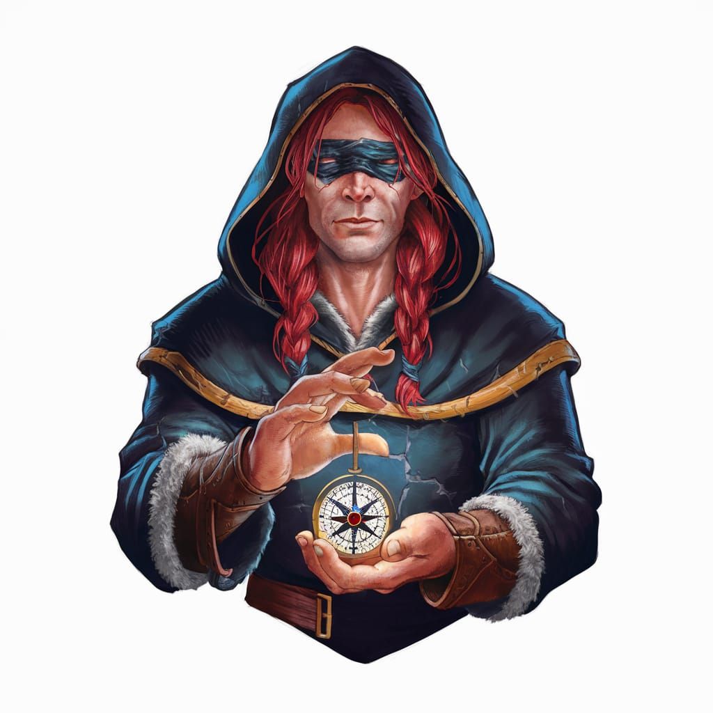 Blind Wizard Fighter with Compass in Dark Setting