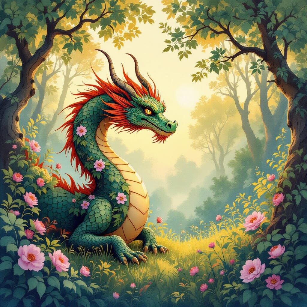 Majestic Dragon in Forest Clearing, Art Nouveau Style