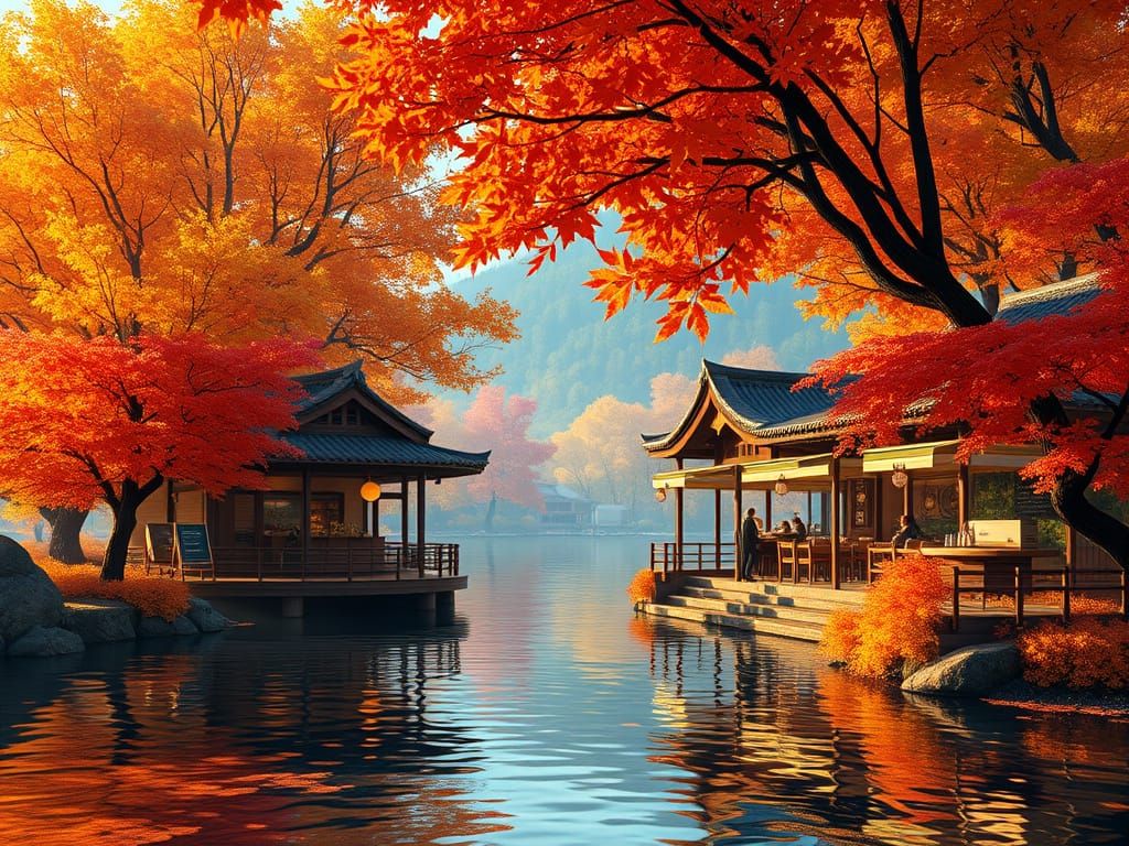 Upscale Coffee Shop Amidst Autumnal Riverbanks in Vibrant, H...