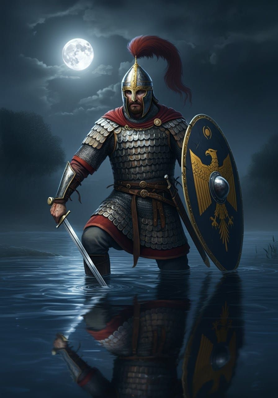Byzantine Warrior in Moonlit River Preparing for Battle