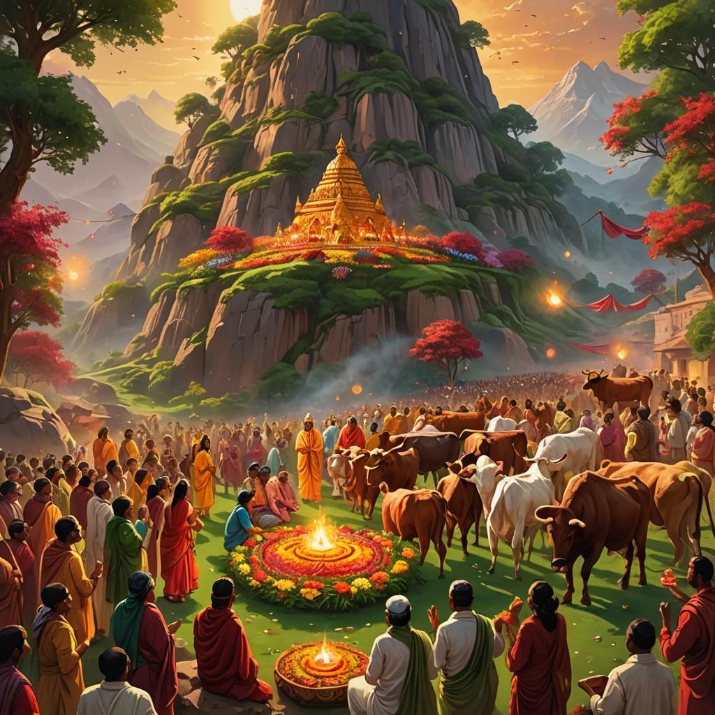 Govardhan Puja Scene with Lush Greenery in Fantasy Art