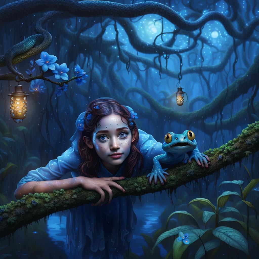 Girl-Faced Snake in a Dark Jungle