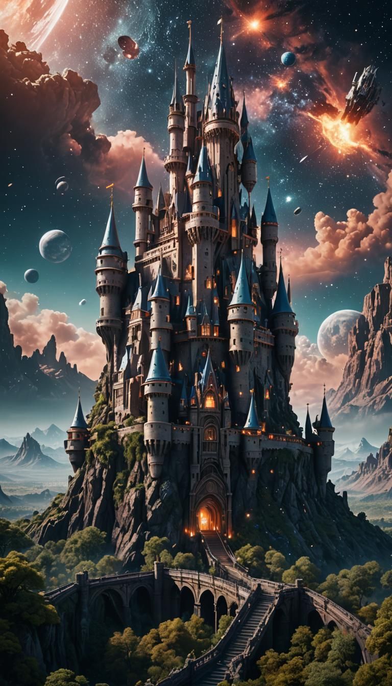 Futuristic Castle Among Stars in Cyberpunk Style