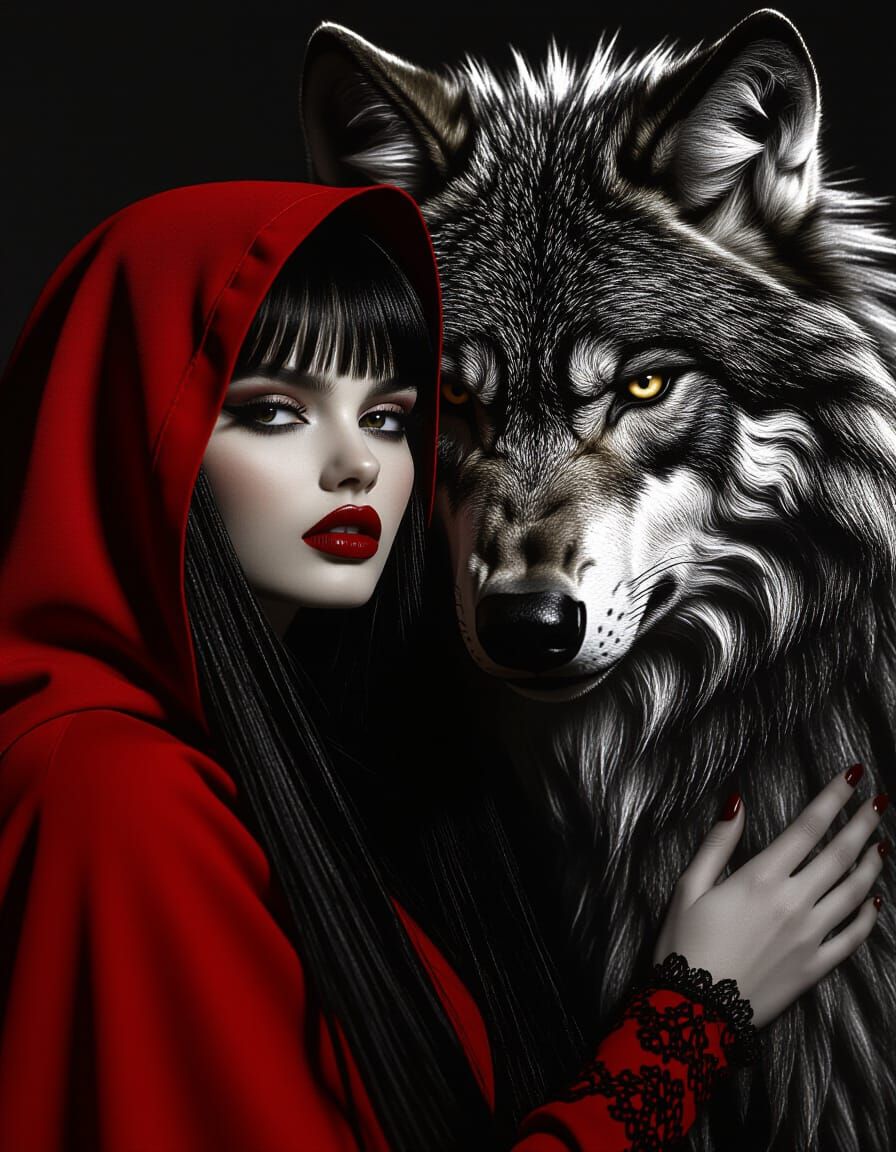 Red Hood Embraces Monstrous Wolf in Dark Fashion Photo