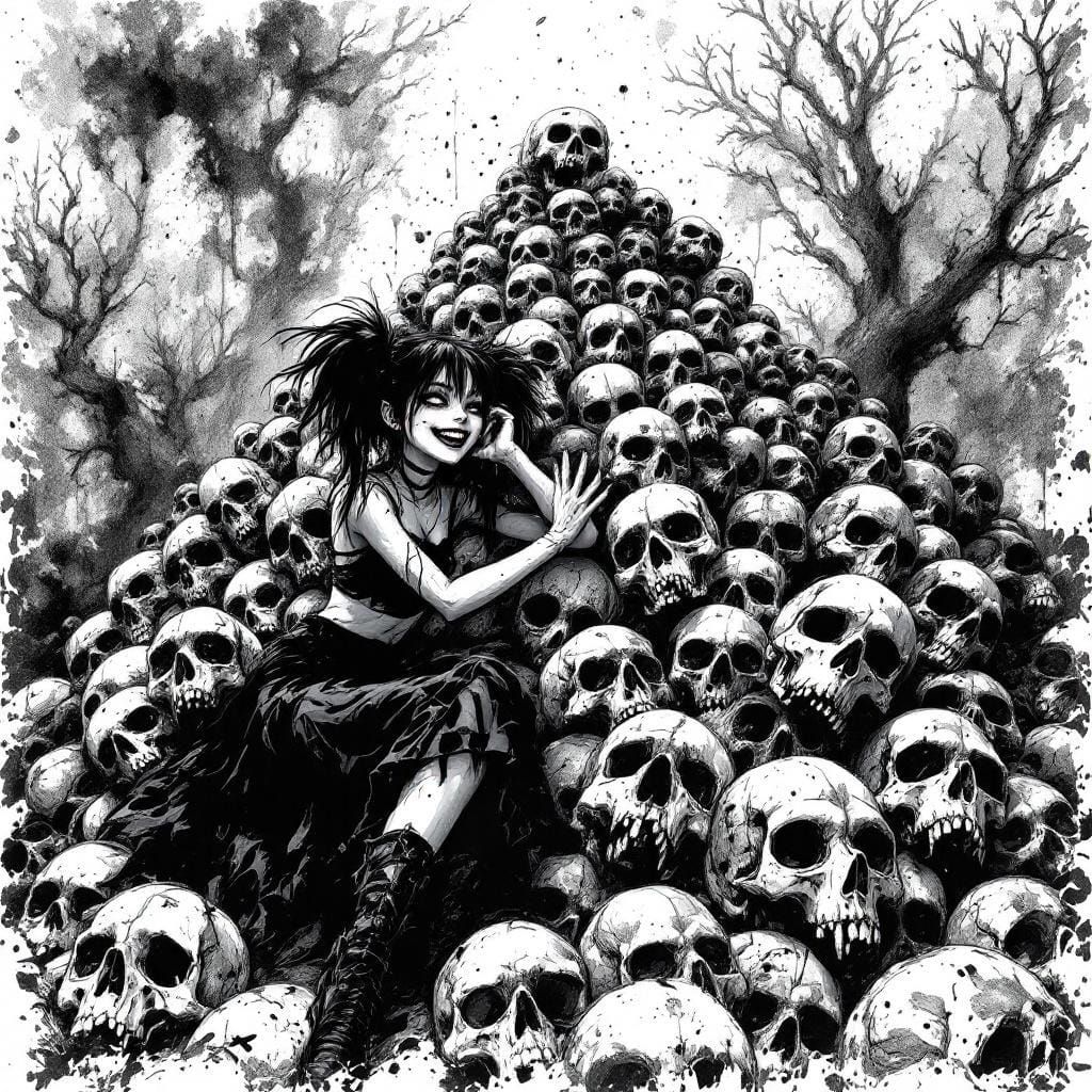 Whimsical Goth Girl with Skull in Dark Ink Art