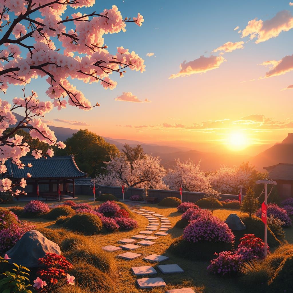 Whimsical Japanese Garden Birthday Scene in Anime Style