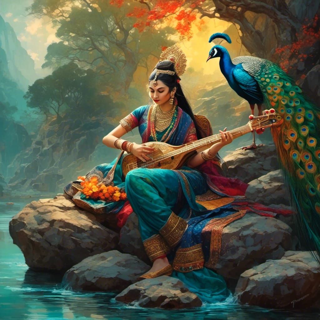 Saraswati with Peacock, Hyperrealistic Concept Art