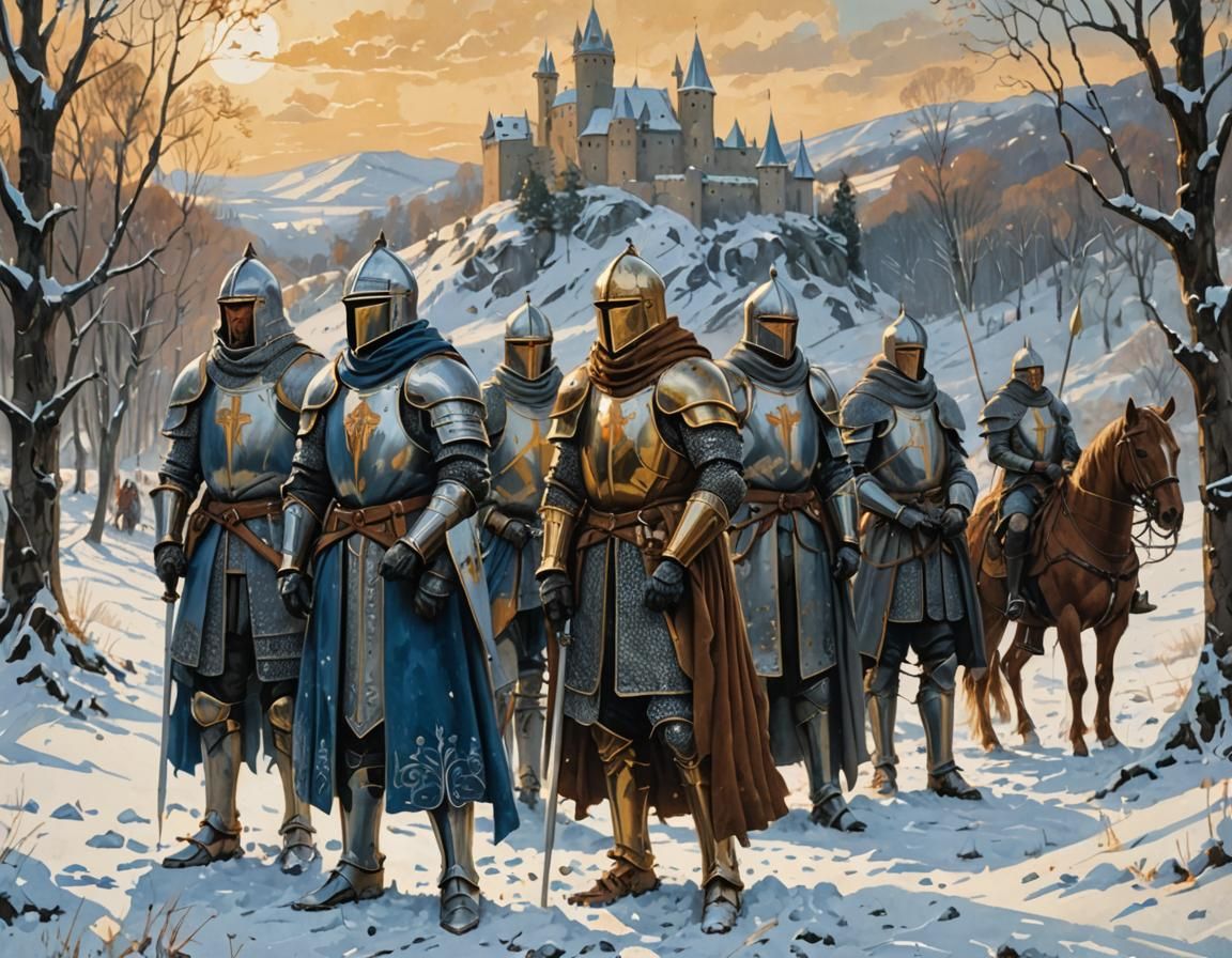 Medieval Knights in Snowy Landscape: Gouache Painting