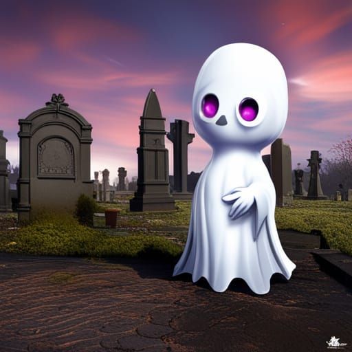 Adorable Chibi Ghost in Cemetery Art
