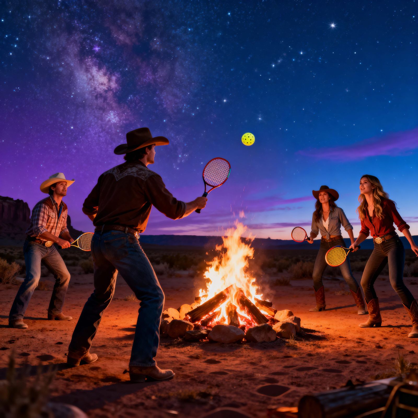 Cowboys and Cowgirls Play Pickleball by Campfire