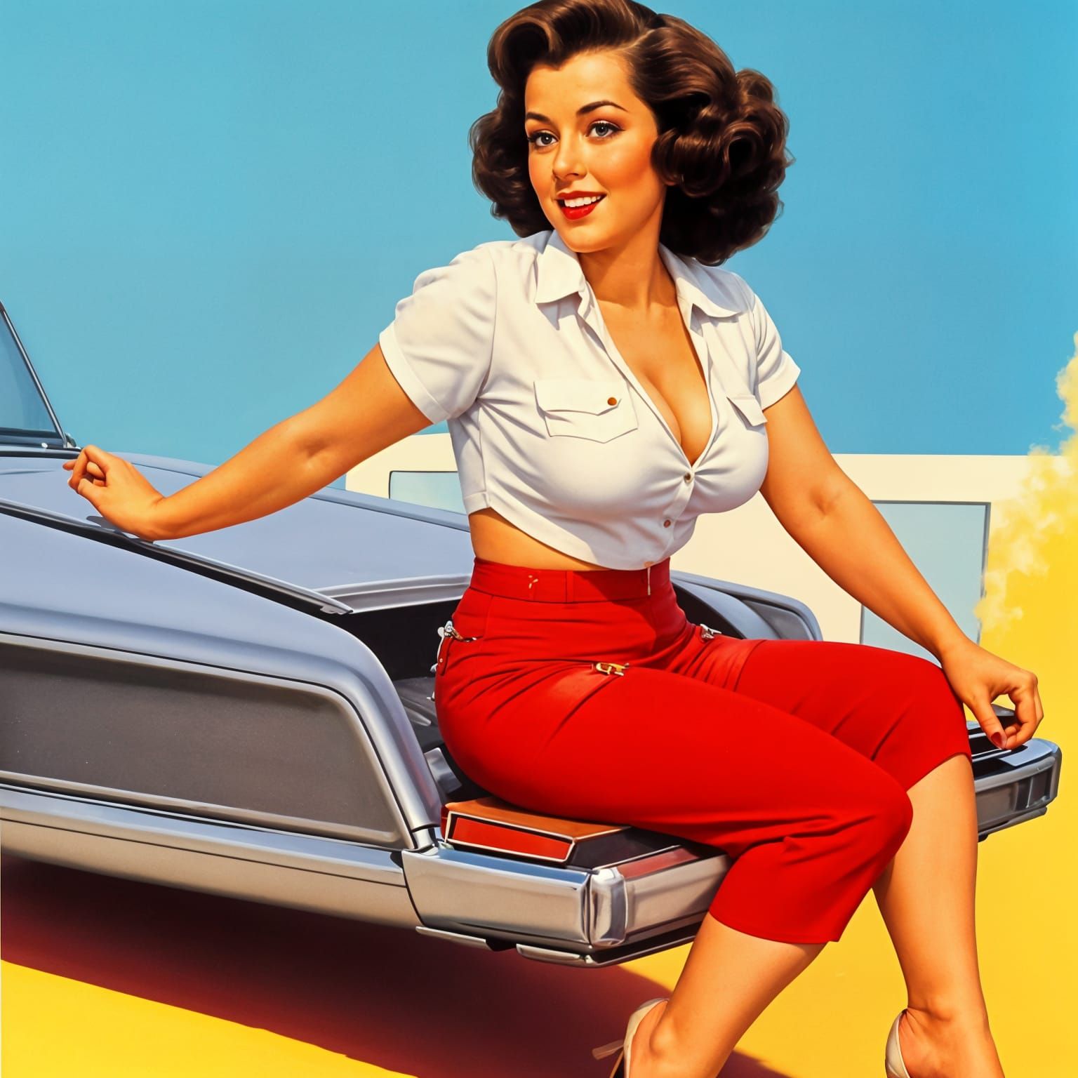Retro Pin-Up Girl Leans Over Classic Car