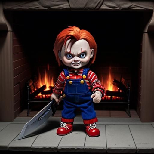 Chucky Doll with Machete by Fireplace