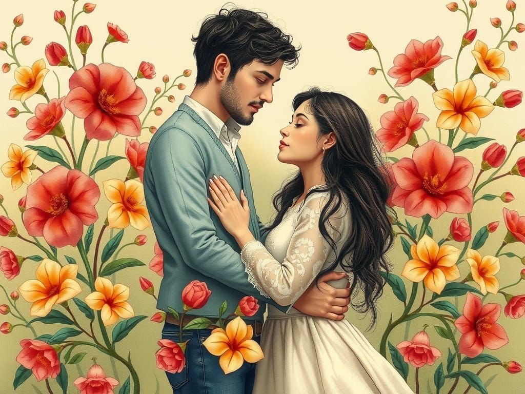 Embracing Couple Surrounded by Intertwined Flowers
