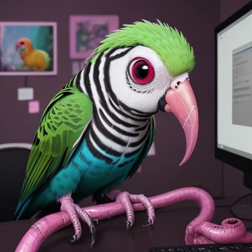 Surreal Parakeet Spewing Earthworms in Office