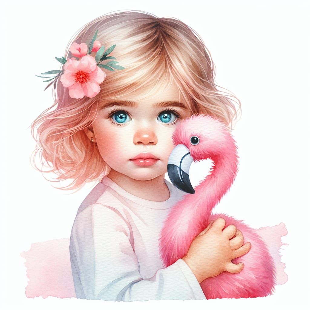 Toddler Girl Cuddling Flamingo in Watercolor Style