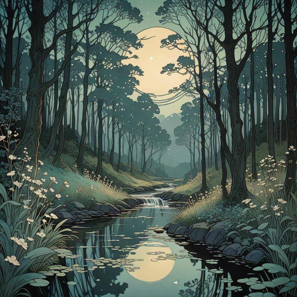 Ethereal Forest Clearing in Art Nouveau Style