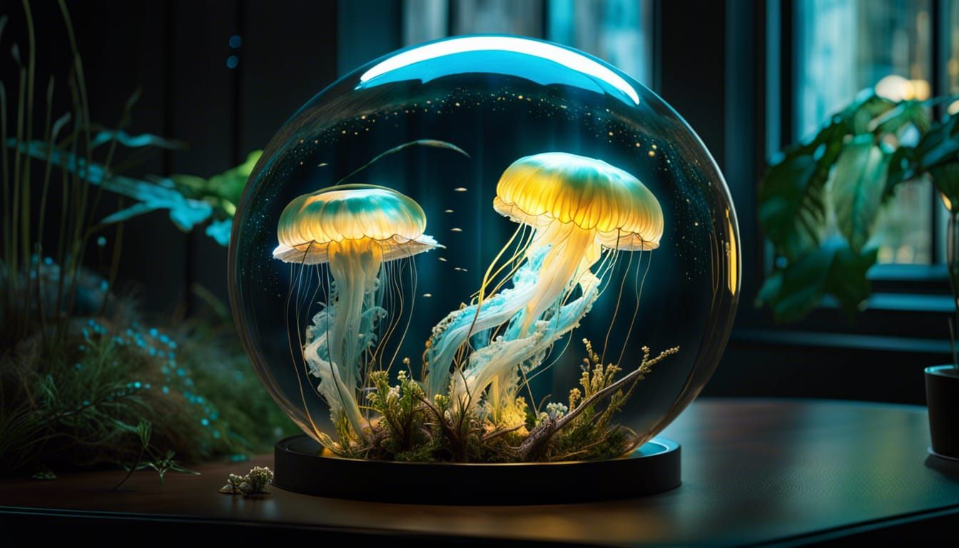 Bioluminescent Jellyfish in Glass Sphere, Digital Art