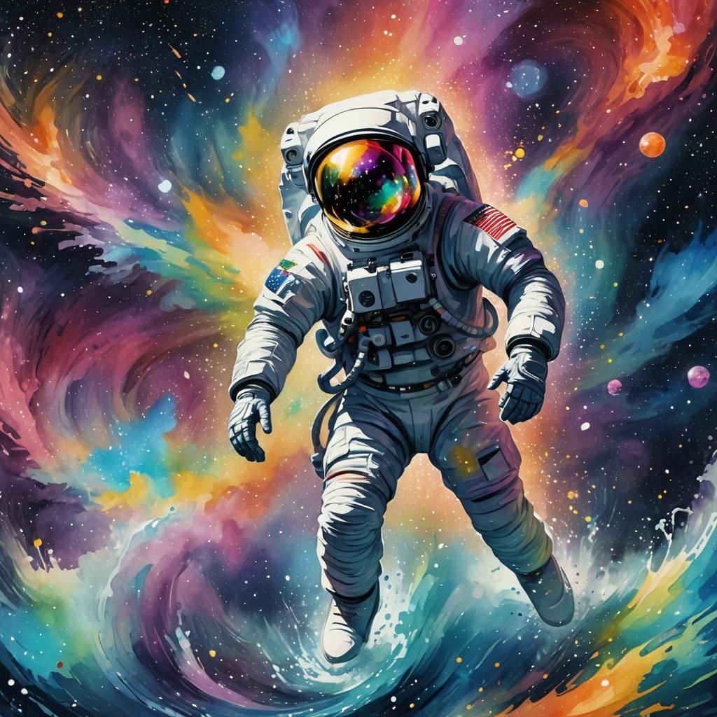 Rainbow Astronaut Splashing in Starry Sea