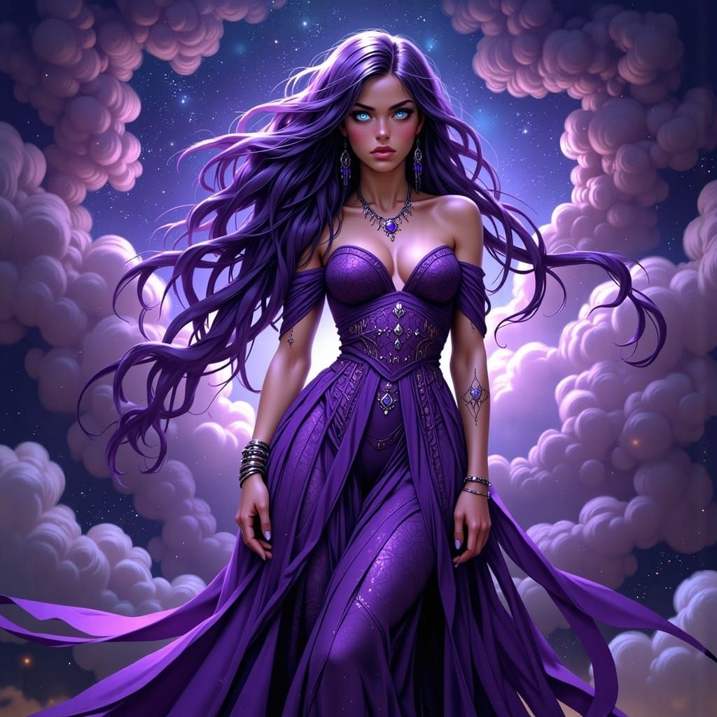 Majestic Purple Character Conjuring Stardust in Cosmic Realm