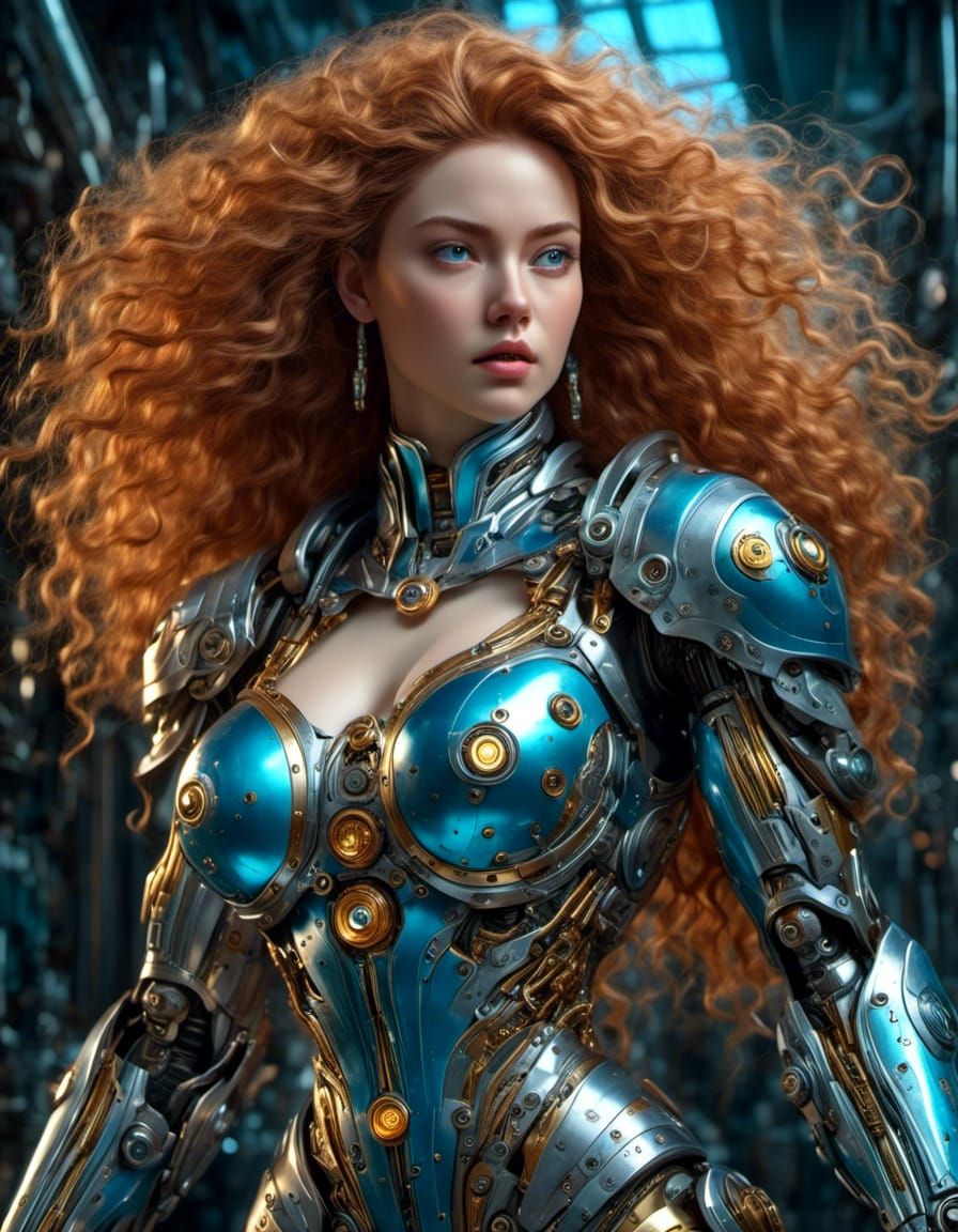 Voluptuous Cyborg Woman with Golden Hair in Cyberpunk Style