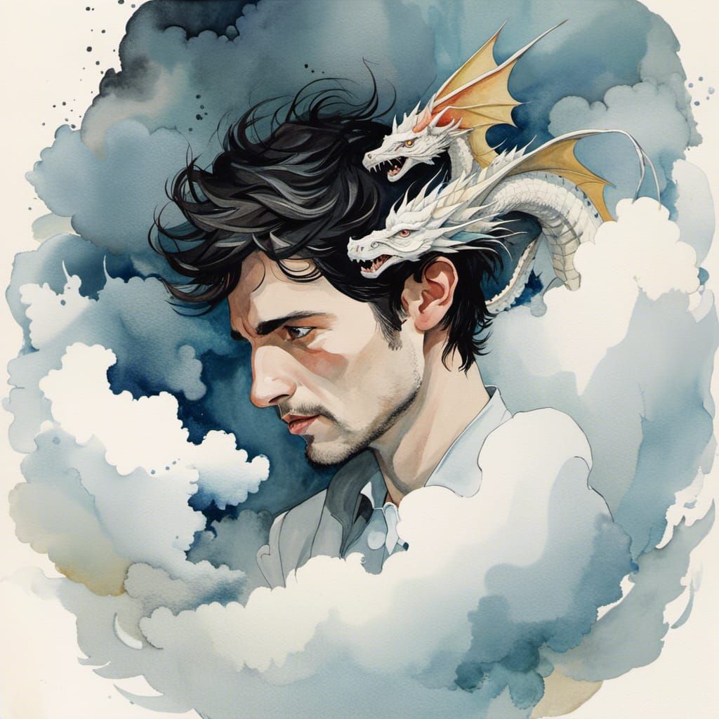 Man and Dragon Emerging from Clouds as Watercolor