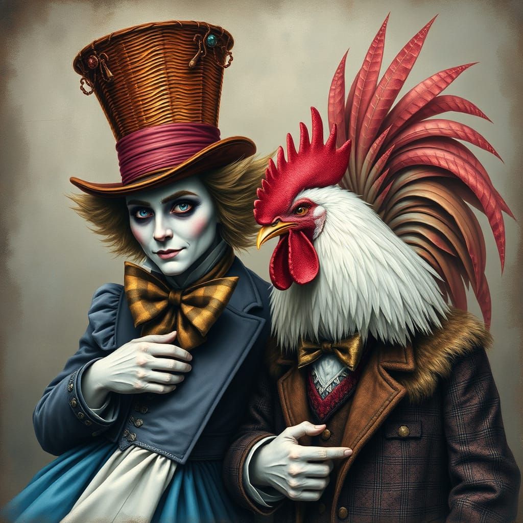 Whimsical Wonderland of Mad Hatter and Rooster