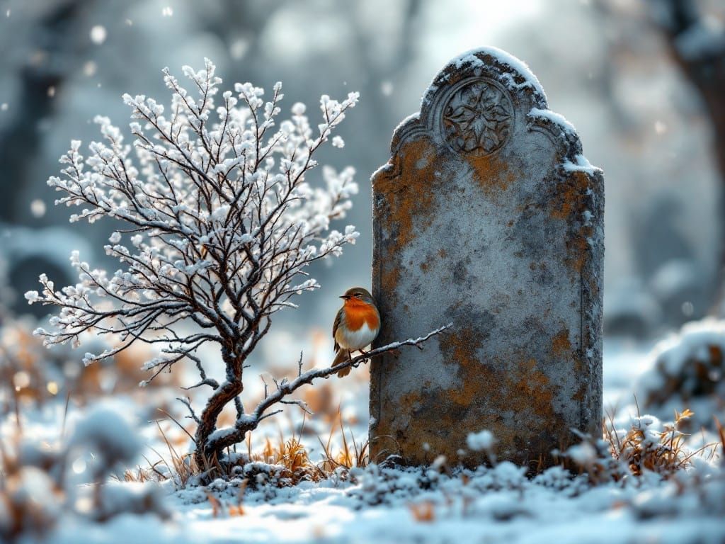 Serene Wintery Scene of a Lone Robin in a Graveyard