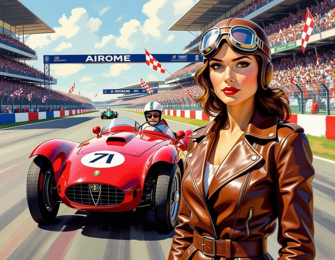 Neo-Impressionist Woman Beside Vintage Alfa Romeo Race Car