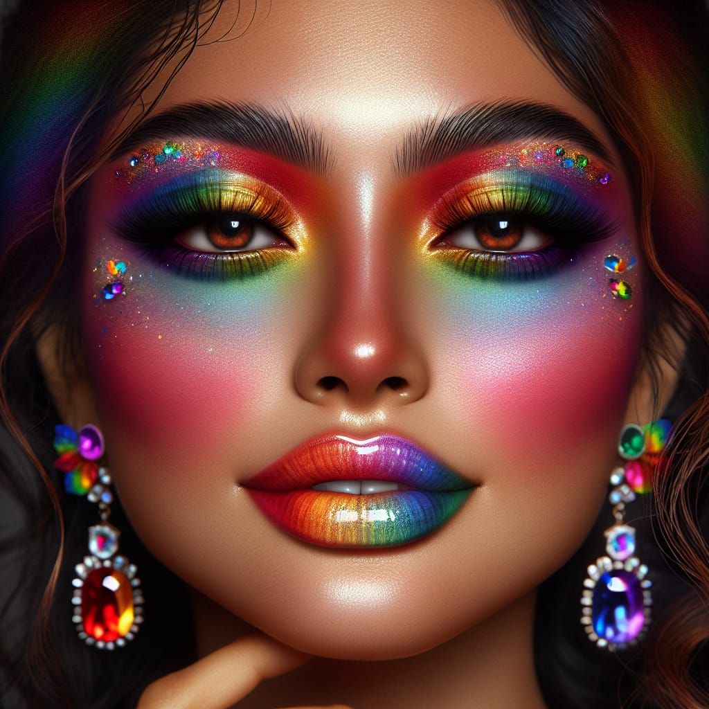Vibrant Woman in Rainbow Makeup Close-up