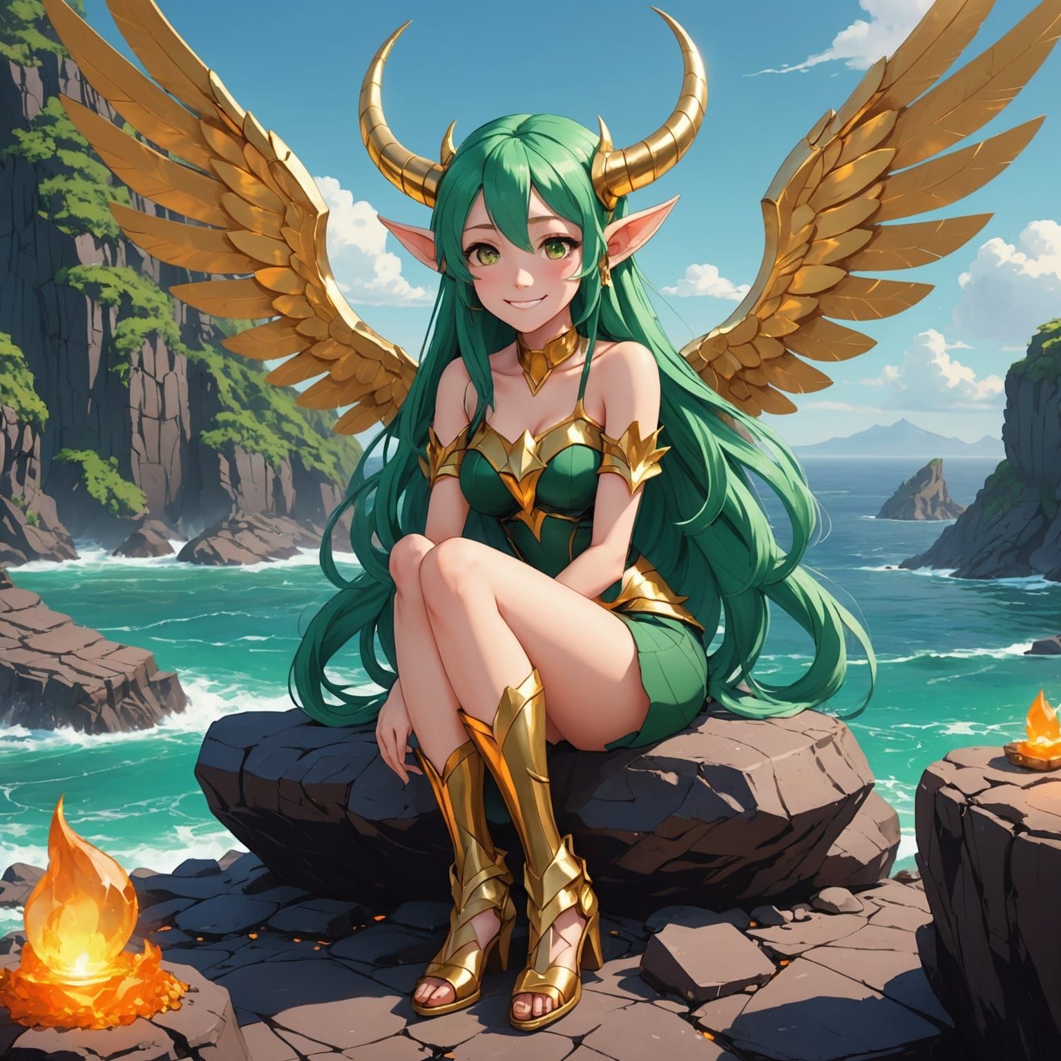 Anime Woman on a Rock in Sea of Magma