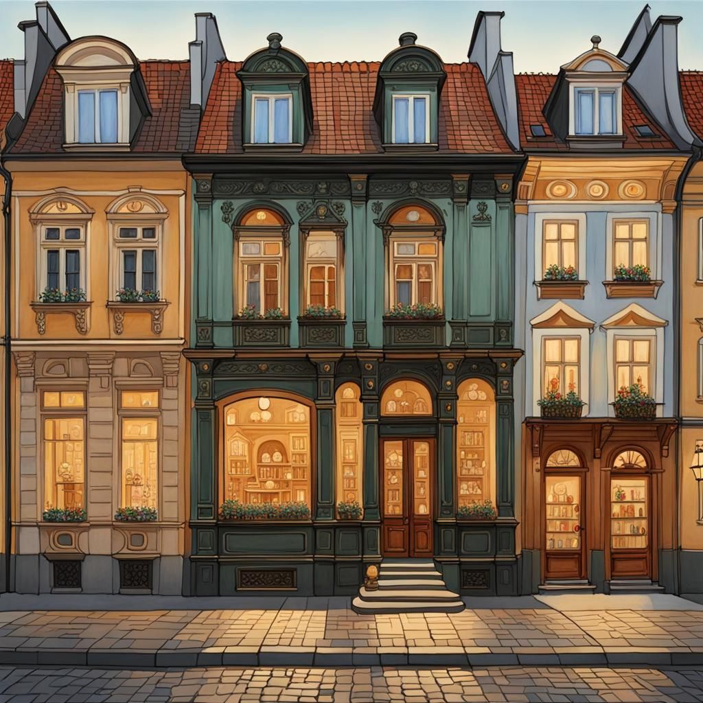 Warsaw Renaissance Shopfront in Gouache Style