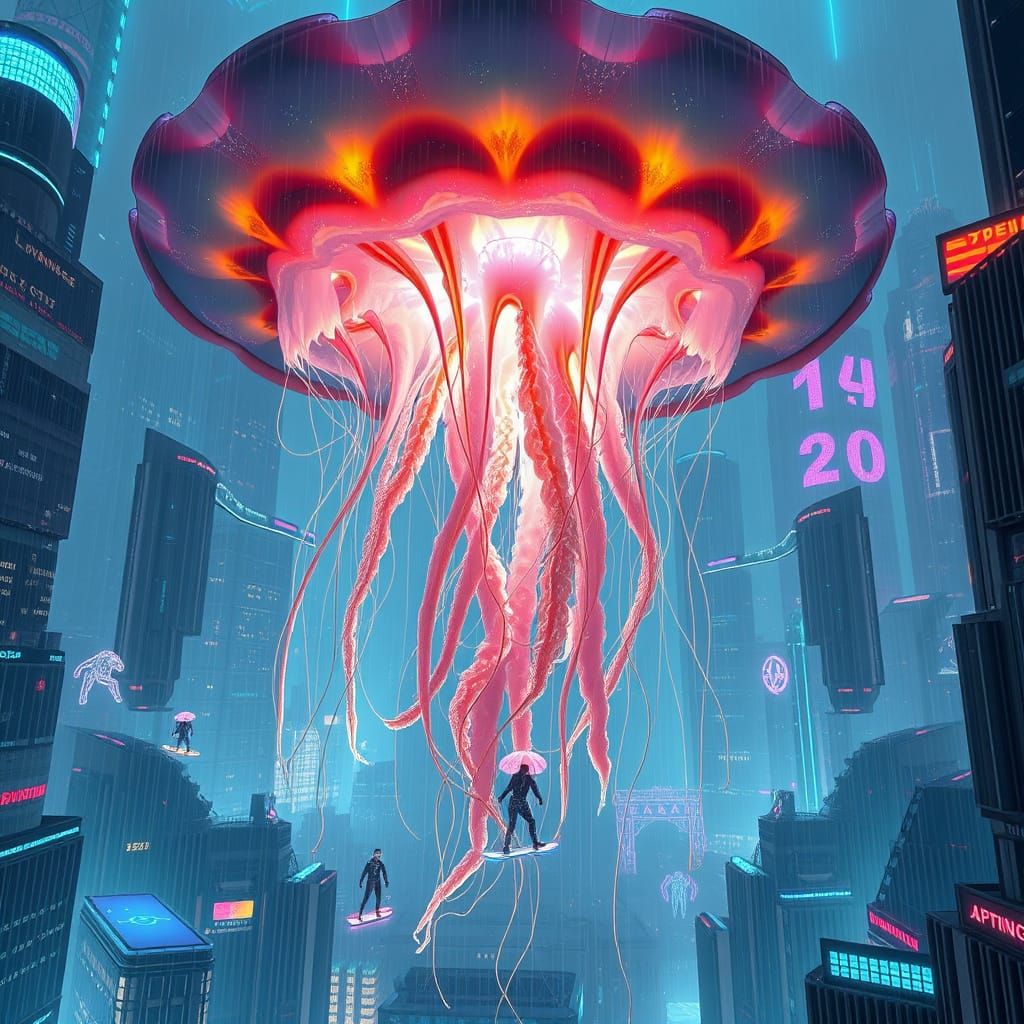 Cyberpunk Jellyfish Drifts Through a Neon Metropolis, Bringi...