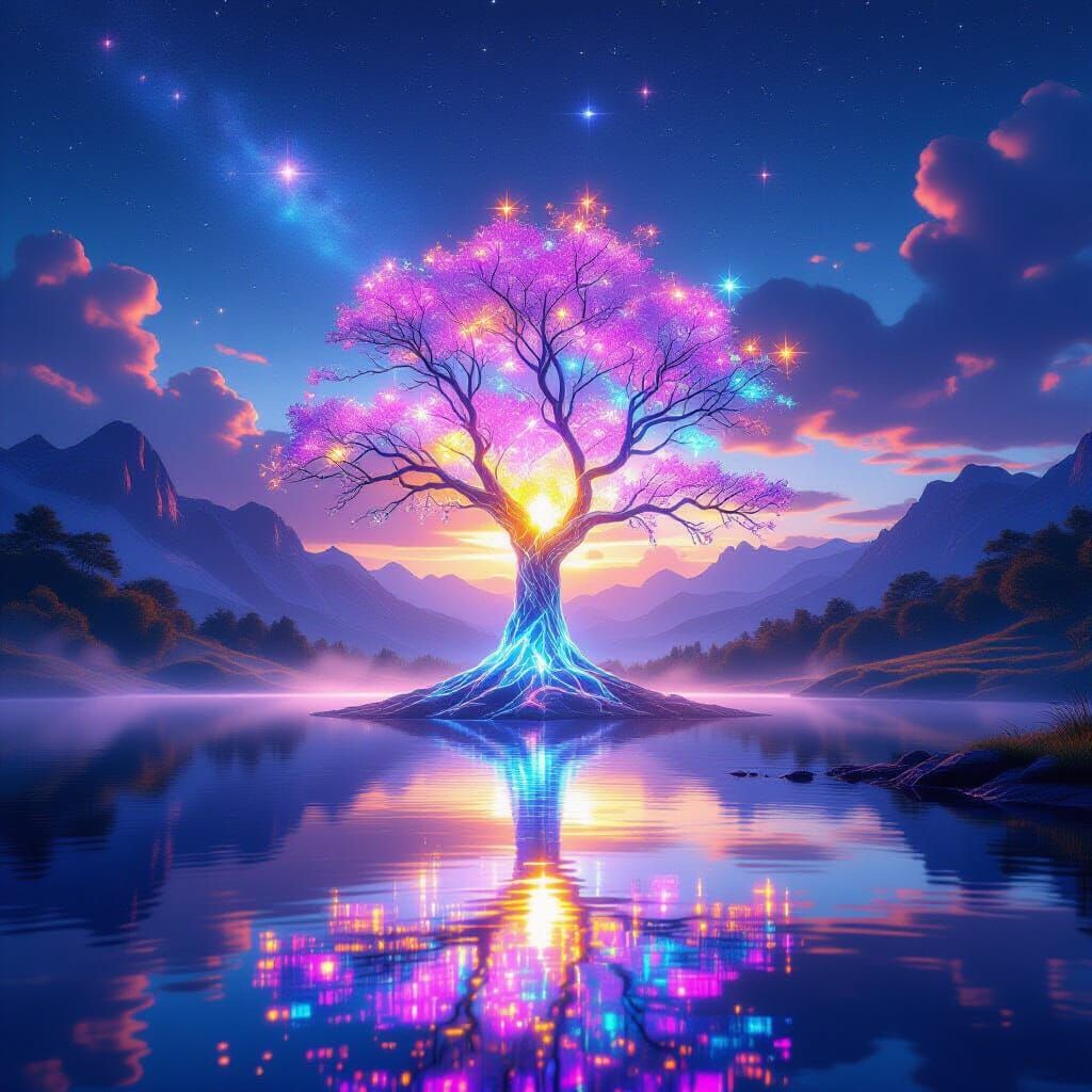 A luminous dreamscape where a glowing crystal tree rises fro...