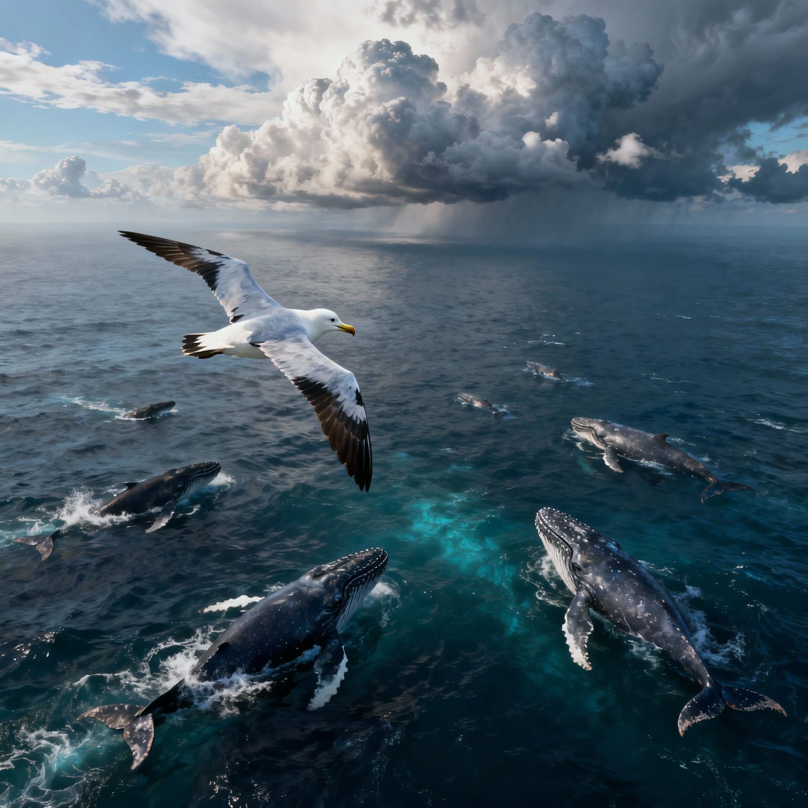 Albatross Over Whales in Dramatic Cloudscape - Matte Paintin...