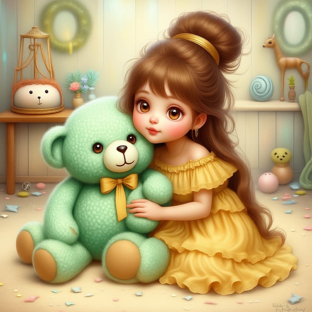 Girl Hugs Teddy Bear in Country Bedroom Painting