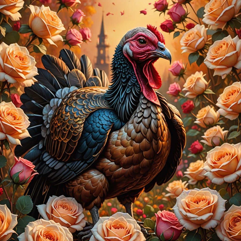 Surreal Turkey Surrounded by Roses in Oil Painting