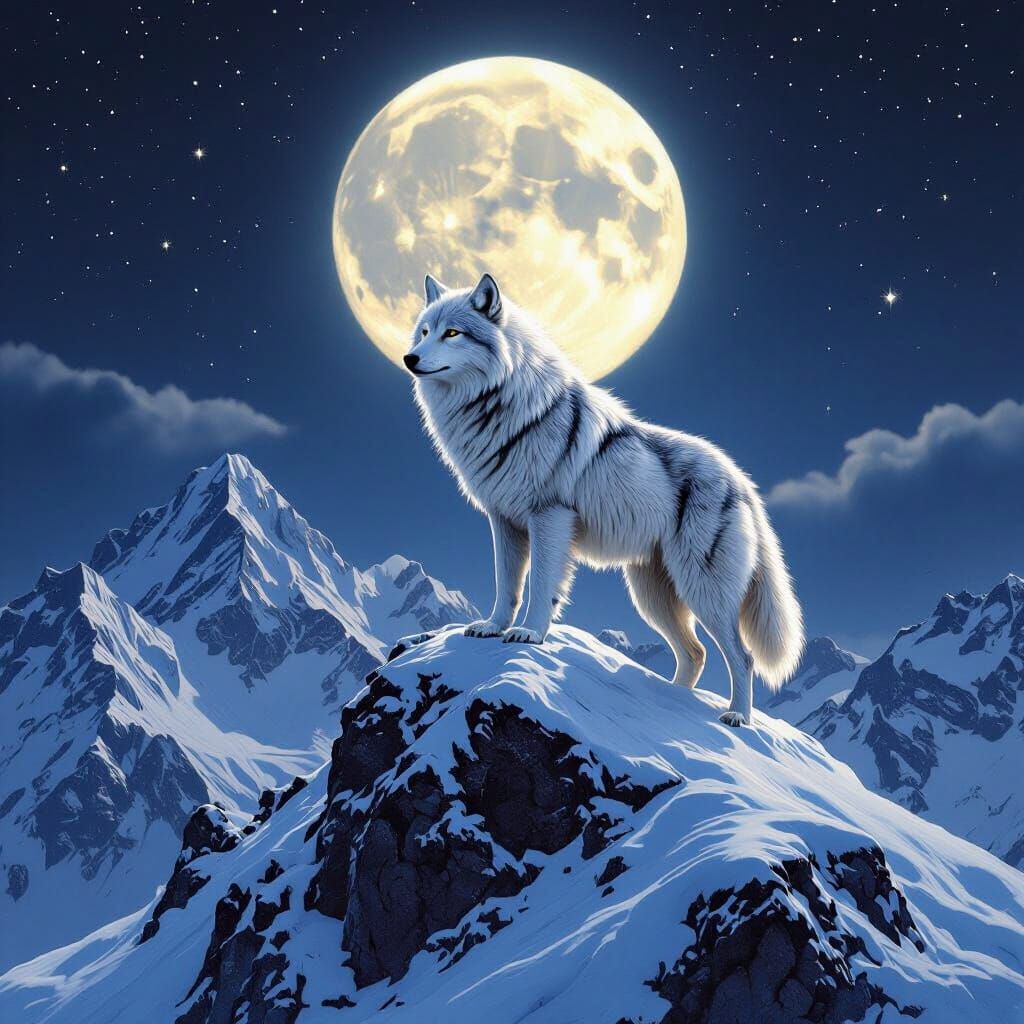 Silver Wolf on Snowy Peak in Hyperrealistic Style