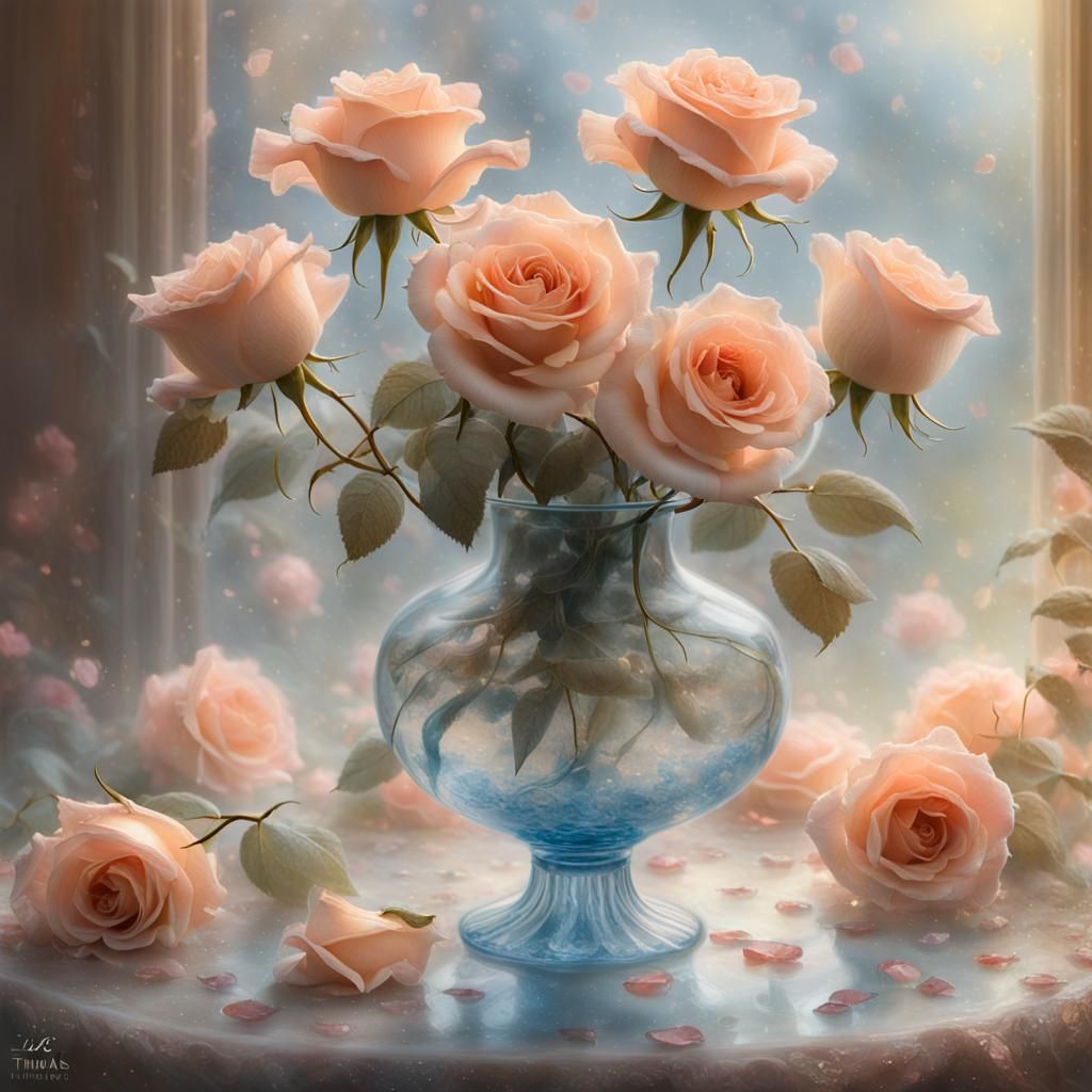 Ethereal Roses in Glass Vase Fantasy Art