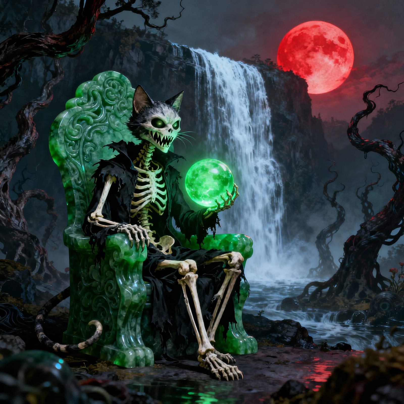 Skeletal Cat Guardian of the Glowing Orb on Jade Throne