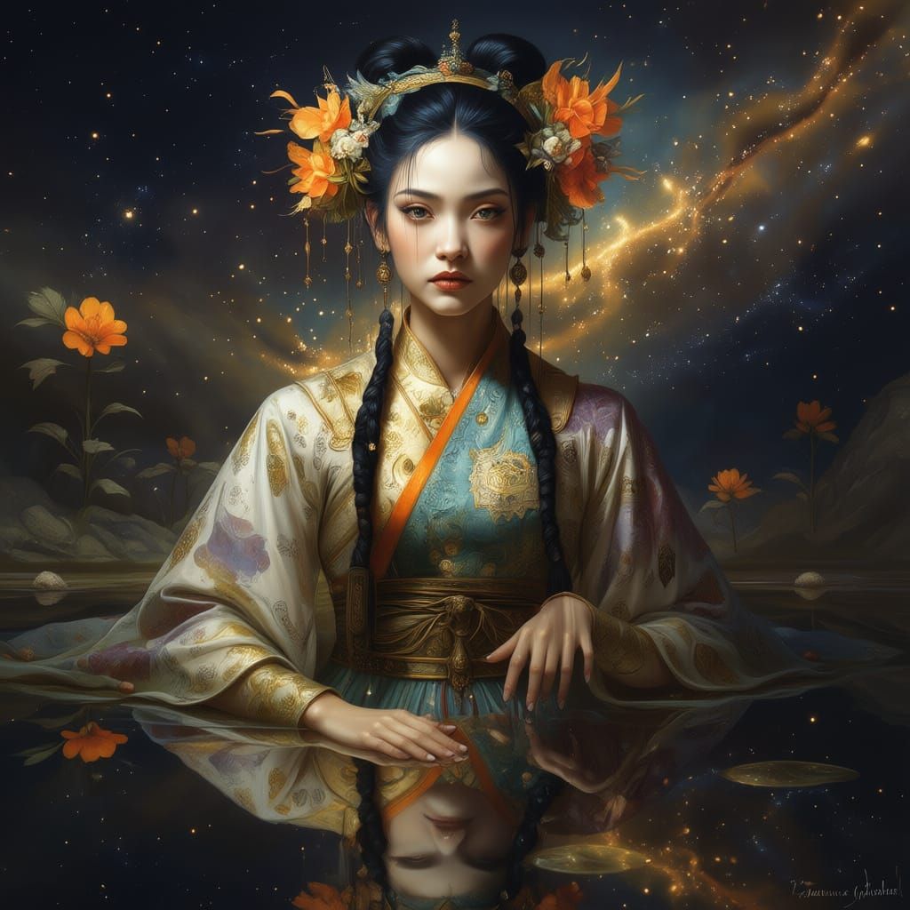 Cosmic Geisha Reflection in Nebula Pond