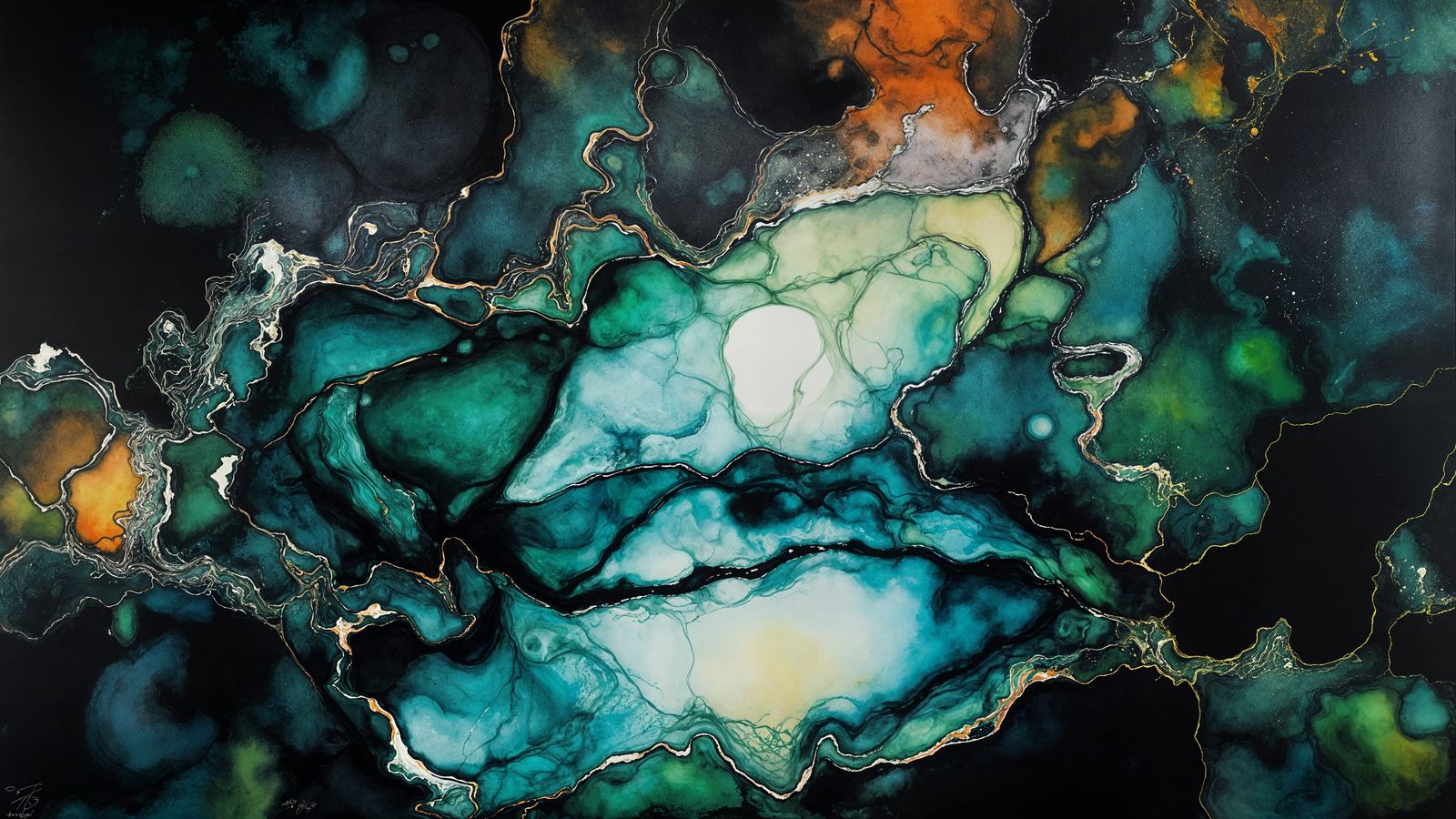 Abstract Alcohol Ink Painting with Green and Orange Hues