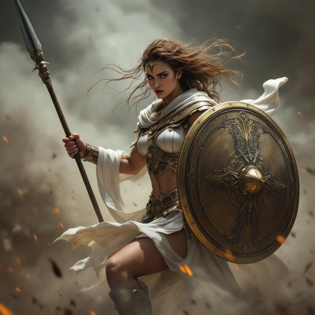 Athena in Battle: Dynamic Pose with Spear and Shield