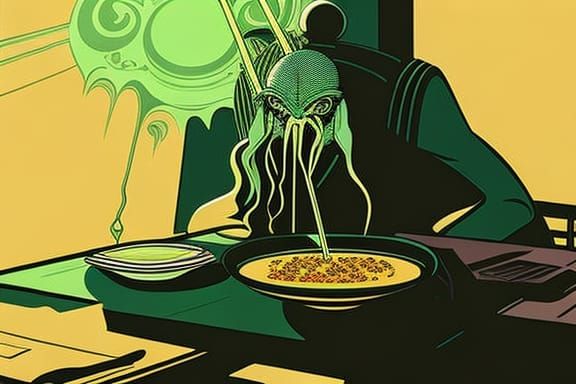 Sad Cthulhu eating curry in a dark lit Tiraspol noodle shop, a highly intricate and hyperdetailed matte photography by I...
