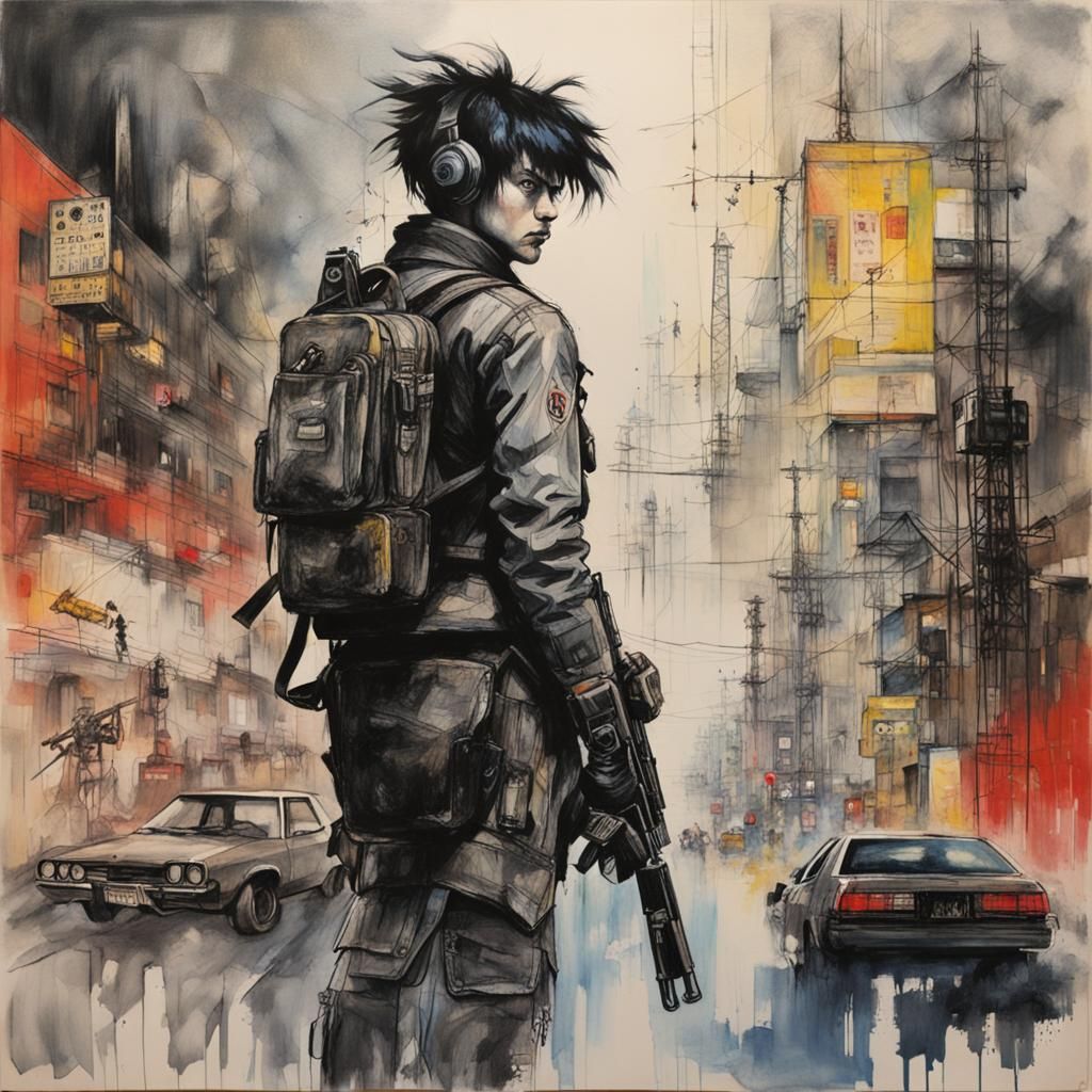 Dark Cyberpunk Cityscape Ink Drawing